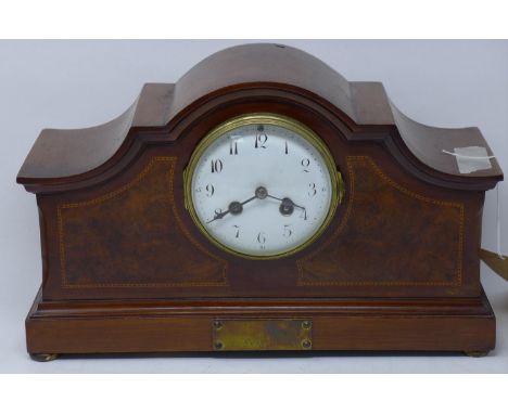 An Edwardian inlaid mahogany mantle clock, H.22 W.36 D.12cm 