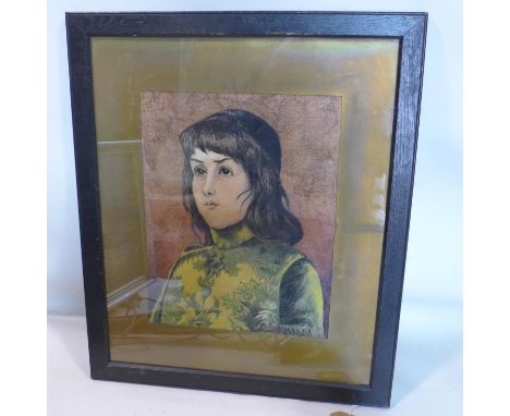 A 20th century pastel head and shoulder portrait of a girl, indistinctly signed, 39 x 30cm 