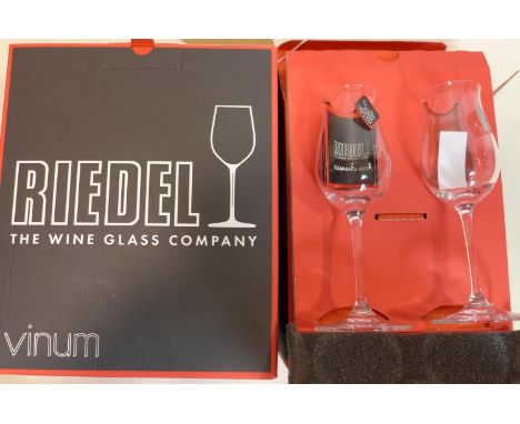 2 boxes of Riedel Austrain glassware: 1 box pair of cognac glasses, 1 box pair of Chardonnay glasses 