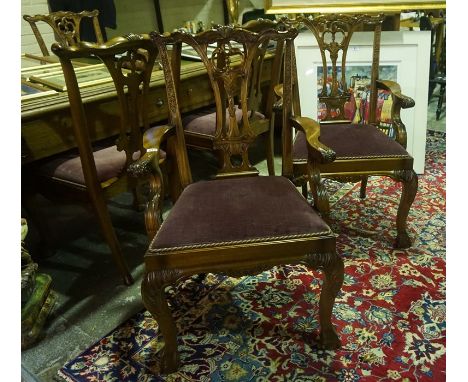 A Set of Six Chippendale Style Mahogany Dining Chairs, To include two carver chairs, With a purple velour stuff over seat, 10