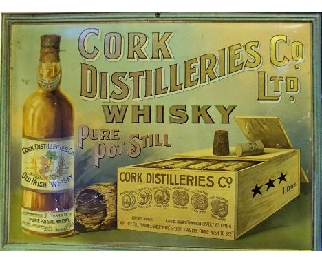 A Vintage Painted Tin Advertising Sign for Cork Whisky Distilleries, Painted in gold lettering Cork Whisky Distilleries Co Lt