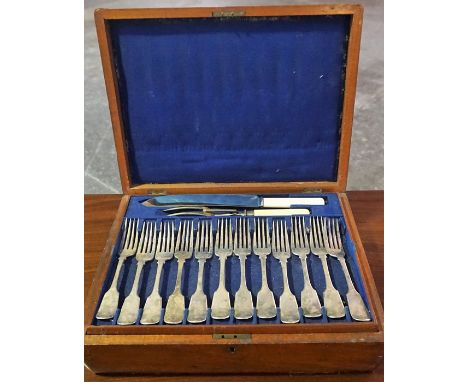 A Part Canteen of Plated Cutlery, to include two sets of twelve forks, twelve butter knives, carving fork with a silver colla