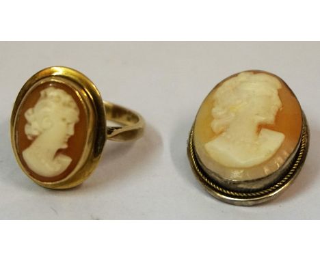 A 9ct Gold Cameo Ring, Stamped 375, overall weight 3.9 grams, also with a white metal mounted cameo brooch, (2)