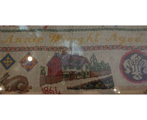 A Victorian Sampler By Annie Wright Aged 5, dated 1864, 39.5 x 41cm, beneath glass, framed