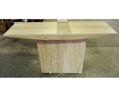 A Modern Travertine Console Table, with a rectangular top raised on a square base, 73cm high, 135cm wide, 45cm deep  