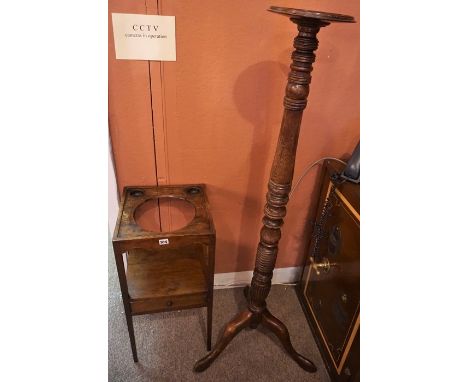 A Victorian Mahogany Torchere, With a ring turned column, raised on tripod legs, 144cm high, also with a Georgian mahogany sq