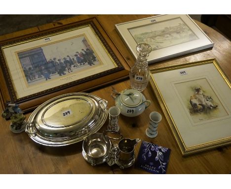 A Quantity of Sundry Collectables and Prints, To include a Georgian style glass ring neck decanter, a print after L.S. Lowry,