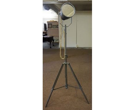 A Retro Floor Standing Mirror, converted from a Naval lamp, raised on a painted metal telescopic tripod stand, 174cm high 