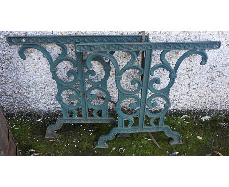 A Pair of Antique Green Painted Cast Iron Garden Bench Ends, 66cm high, 68cm wide, (2)