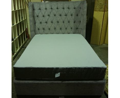 A Good Quality Modern King Size Bed, Comprising of a large padded grey velour button back headboard, with mattress and base, 
