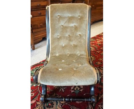 A Victorian Ebonised Nursing Chair, In the form of a gossip chair, with later velour button back upholstery, 61cm high