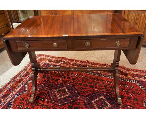 A Good Quality Reproduction Mahogany Sofa Table, with two drawers and opposing dummy drawers, with a turned under stretcher b