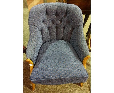 A Button Back Armchair, Upholstered in blue fabric, 72cm high, also with two assorted mahogany parlour chairs, (3)
