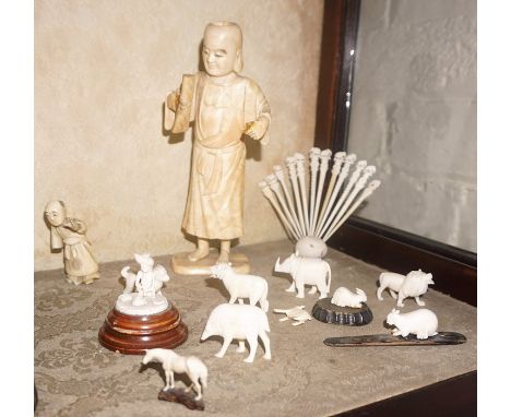 A Mixed Lot of Antique Ivory Figures, To include a large Japanese figure of a male, 19cm high, also with a netsuke, and vario