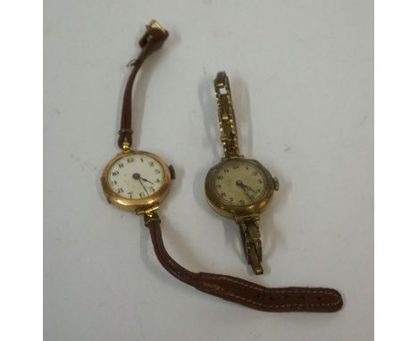 Two Vintage Ladies 9ct Gold Backed Wristwatches, one with a leather strap, the other with a flexible rolled gold strap, (2)