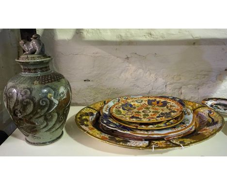 A Mixed Lot of Victorian &amp; Later Pottery, To include a pair of Oriental crackle glaze oviform jars with covers, with a ke
