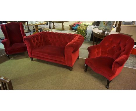 A Chesterfield Drawing Room Sofa with Matching Armchair, Upholstered in red velour, also with a similar red velour wing armch