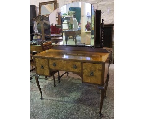 A Vintage Walnut Dressing Table, with tri-plate mirror above drawers, 152cm high, 107cm wide, 49cm deep