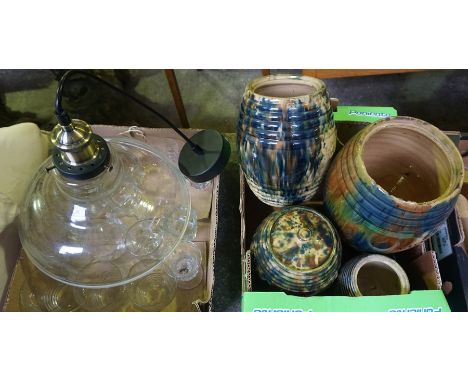 A Box of Sundry Pottery &amp; Glass, To include Dunmore style storage jars, hanging light and assorted glasses, (a lot)  