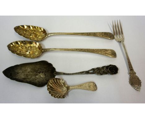 A Small Mixed Lot of Silver Flatware, to include a Regency silver caddy spoon, Hallmarks for Christian Ker Reid, circa 1806-1