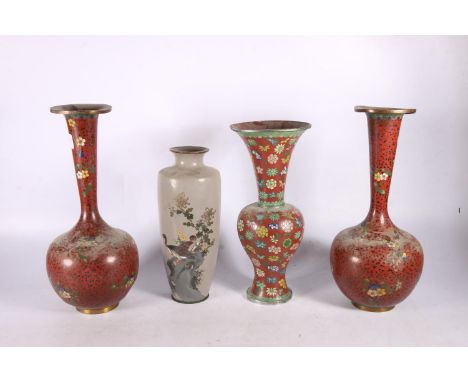 Pair of Oriental cloisonné enamel bottle vases, 31cm high, a red ground cloisonné baluster vase and a Chinese grey ground bal