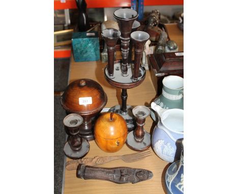 Unusual wood epergne with central flute surrounded by three additional flutes on revolving tier, 42cm, fruitwood tea caddy, e