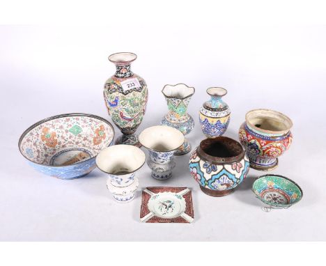 Persian Minakari enamel ware to include a baluster vase, 20cm high, five other vases, and two pin dishes.&nbsp; (10) 