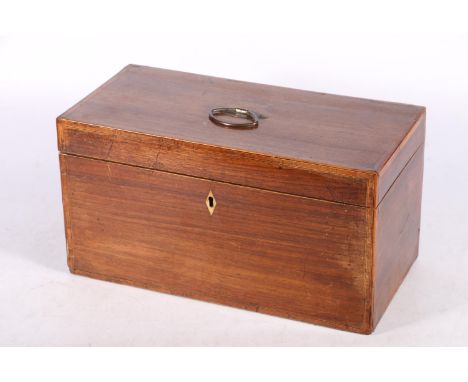 19th century mahogany and crossbanded tea caddy, the hinge top opening to reveal a fitted interior with central mixing bowl w