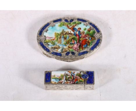 French 800 grade silver and enamel oval compact with matching lipstick holder. (2) #11 