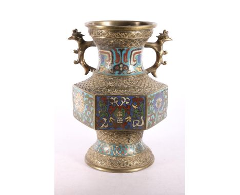 Brass champleve enamel vase, once fitted as a table lamp 29cm high. #244 