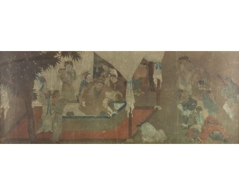 Chinese ancestor print depicting male figures in ceremony, with fabric mount, 32cm x 79cm, frame 56cm x 102cm. #171 