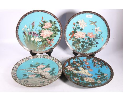 Four Oriental cloisonné&nbsp;enamel wall chargers, each decorated with birds and flowers, 30cm diameter. (4) #500, 502, 504, 