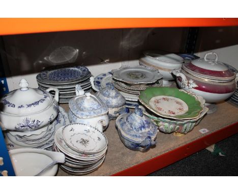 Shelf of china to include tureens, pierced dishes, sauceboats, etc. 