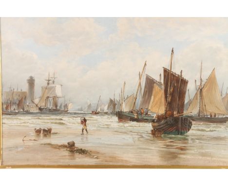 THOMAS BUSH HARDY, Landing Fish Scarbro 1874, print, 32cmx 49cm, gilt frame 62cm x 78cm.  Frame has parts missing to the corn