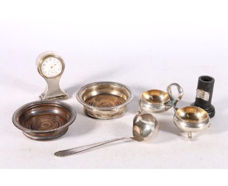 Edward VII silver mantle clock of small proportions, hallmarked Birmingham 1908, 10cm, also wooden tube with silver plaque, W