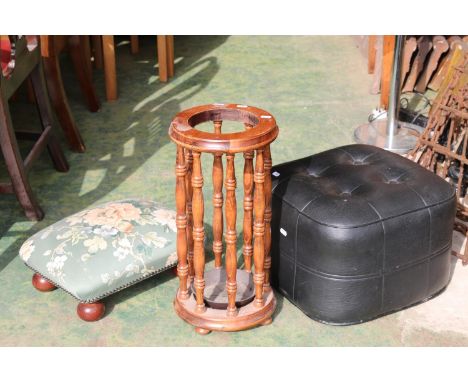 Stick stand, upholstered footstool and another (3). 