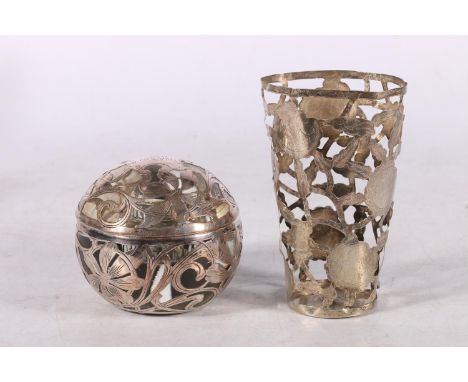 Sterling silver clad spherical glass inkwell, and a Mexican silver beaker holder. (2) 