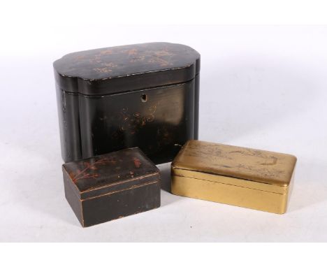 Japanned black lacquered tea caddy decorated with birds on flowering branches, having two division interior 22cm long, a simi