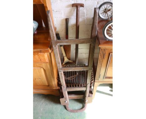 Wrought iron fire grate, vintage pitchfork, trolley, cricket bat, etc (5) 