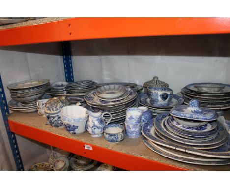 Shelf to include blue and white china, Willow pattern, Queensware, Royal Crown Derby, etc. 