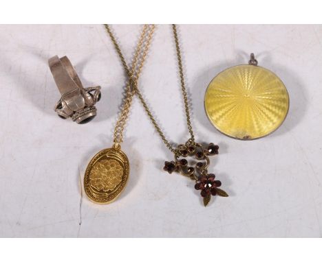 Silver gilt Mother's Day pendant, a silver guilloche enamel compact pendant, a Mexican silver ring, and a modern garnet style
