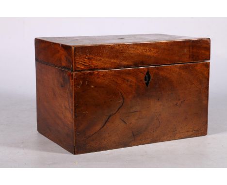 19th century mahogany and inlaid tea caddy, the interior with glass mixing bowl and tea well, 23cm long. #392 