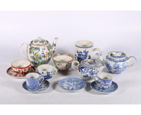 Chinese and Japanese tea wares to include two blue and white miniature porcelain teapots, a coffee pot, a Kutani cup and sauc