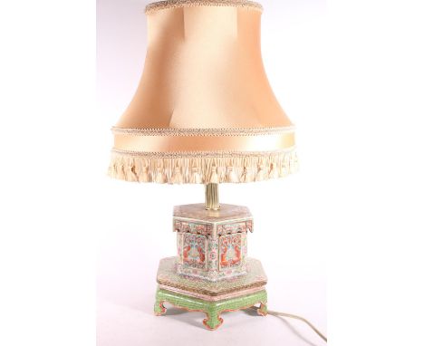 19th century Chinese porcelain hexagonal temple lamp, now converted to electricity, with shade, 52cm high.  (a/f) #116  Repai