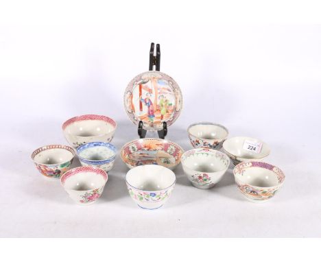 Chinese 19th century, and later, tea bowls and saucers to include one of fine porcelain decorated with warriors having red se