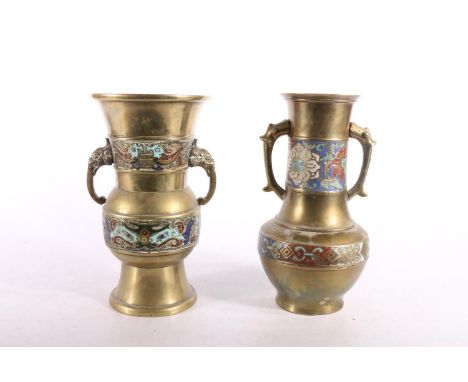Two bronze champleve enamel vases, 19cm high. (2) 