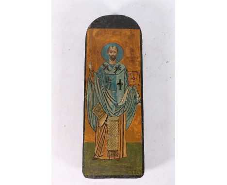 A Russian icon, a painted arch top panel with male angel figure, signed and dated 1920 lower right, 36cm x 13cm. #275 
