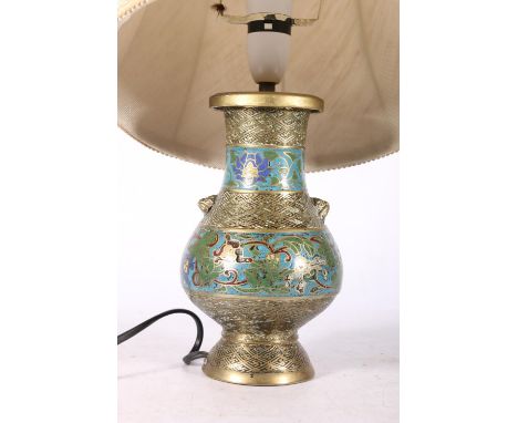 Champleve cloisonné enamel bronze vase of baluster form, converted to table lamp, 21cm high. #409 