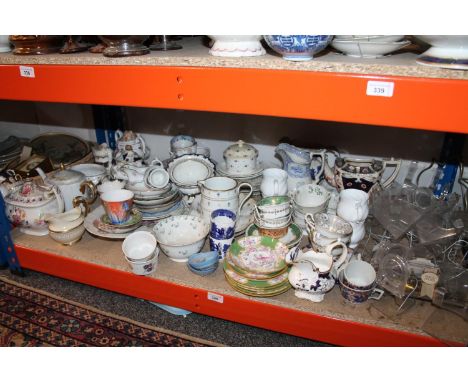 Shelf of china to include tea pots, cups, saucers, jugs, also quantity of plate stands. 