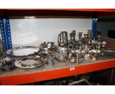 Shelf of EPNS to include candelabra,&nbsp; 25cm, sugar castor, sauce boats, snuffer, etc. 